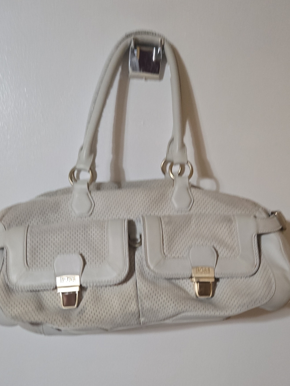 Hugo Boss White Perforated Shoulder Bag with Dual Front Flap Pockets